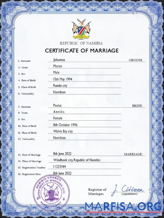 Blank Namibia marriage certificate PSD template